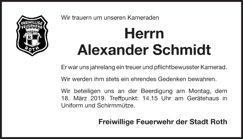  Traueranzeige für Alexander Schmidt vom 15.03.2019 aus Roth-Hilpoltsteiner Volkszeitung Lokal