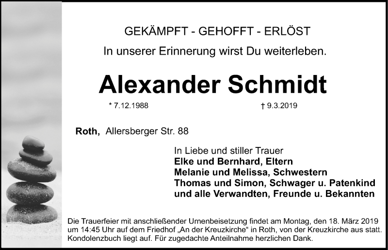  Traueranzeige für Alexander Schmidt vom 15.03.2019 aus Roth-Hilpoltsteiner Volkszeitung Lokal