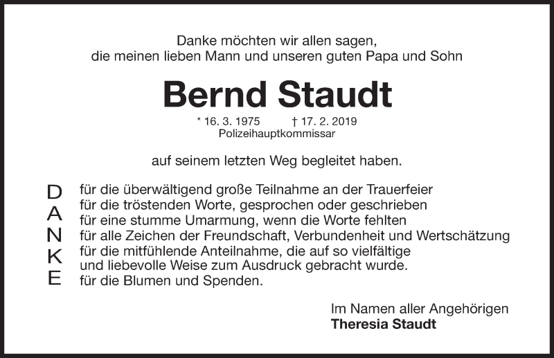  Traueranzeige für Bernd Staudt vom 09.03.2019 aus Gesamtausgabe Nürnberger Nachrichten/ Nürnberger Ztg.
