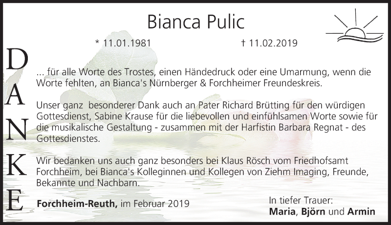  Traueranzeige für Bianca Pulic vom 02.03.2019 aus Nordbayerische Nachrichten Forchheim Lokal