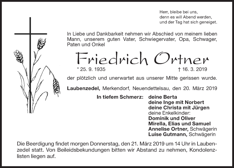  Traueranzeige für Friedrich Ortner vom 20.03.2019 aus Altmühl-Bote Lokal