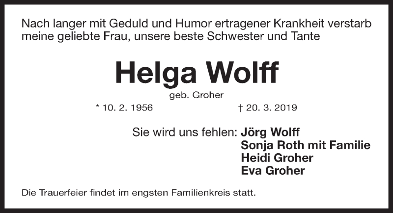  Traueranzeige für Helga Wolff vom 23.03.2019 aus Fürther Nachrichten Lokal