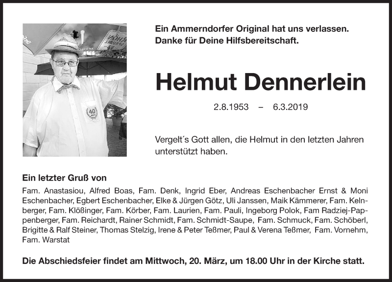  Traueranzeige für Helmut Dennerlein vom 15.03.2019 aus Fürther Nachrichten Lokal
