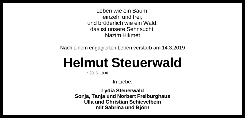  Traueranzeige für Helmut Steuerwald vom 16.03.2019 aus Gesamtausgabe Nürnberger Nachrichten/ Nürnberger Ztg.