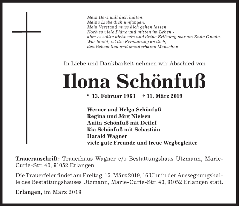  Traueranzeige für Ilona Schönfuß vom 14.03.2019 aus Erlanger Nachrichten Lokal