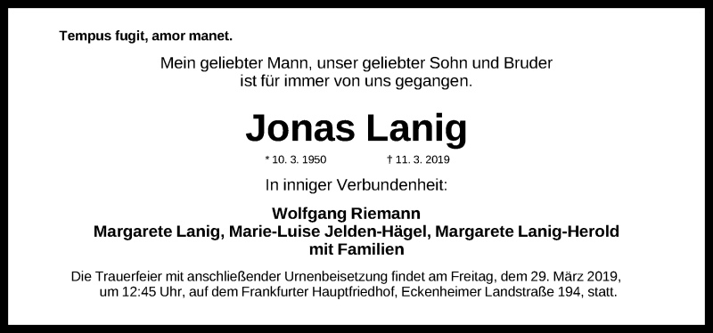  Traueranzeige für Jonas Lanig vom 23.03.2019 aus Gesamtausgabe Nürnberger Nachrichten/ Nürnberger Ztg.
