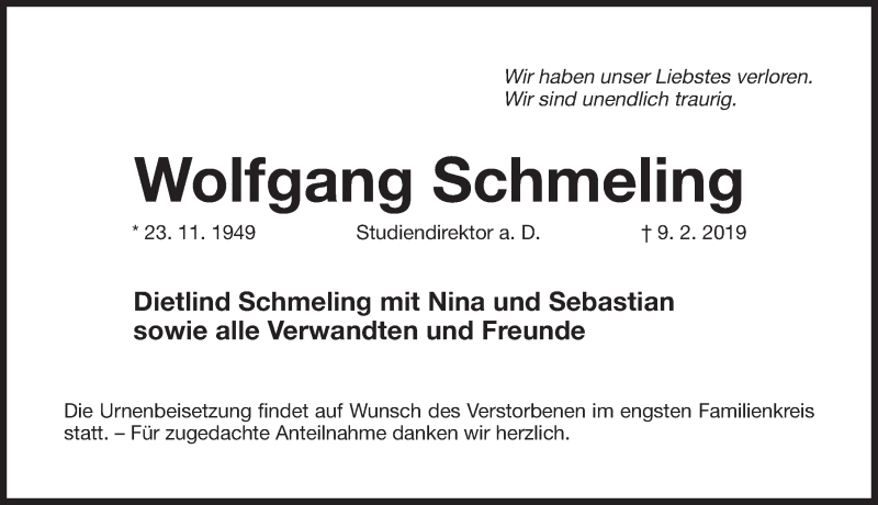  Traueranzeige für Wolfgang Schmeling vom 02.03.2019 aus Fürther Nachrichten Lokal