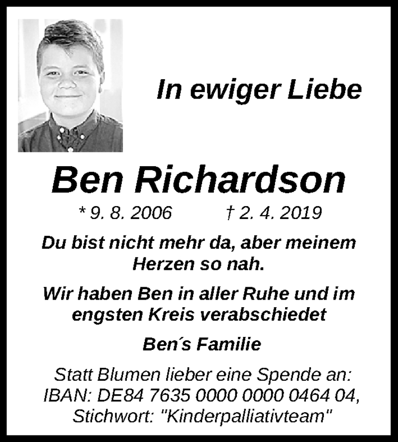  Traueranzeige für Ben Richardson vom 16.04.2019 aus Erlanger Nachrichten Lokal