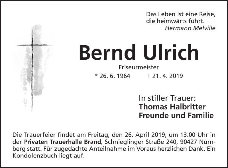 Traueranzeige für Bernd Ulrich vom 24.04.2019 aus Gesamtausgabe Nürnberger Nachrichten/ Nürnberger Ztg.