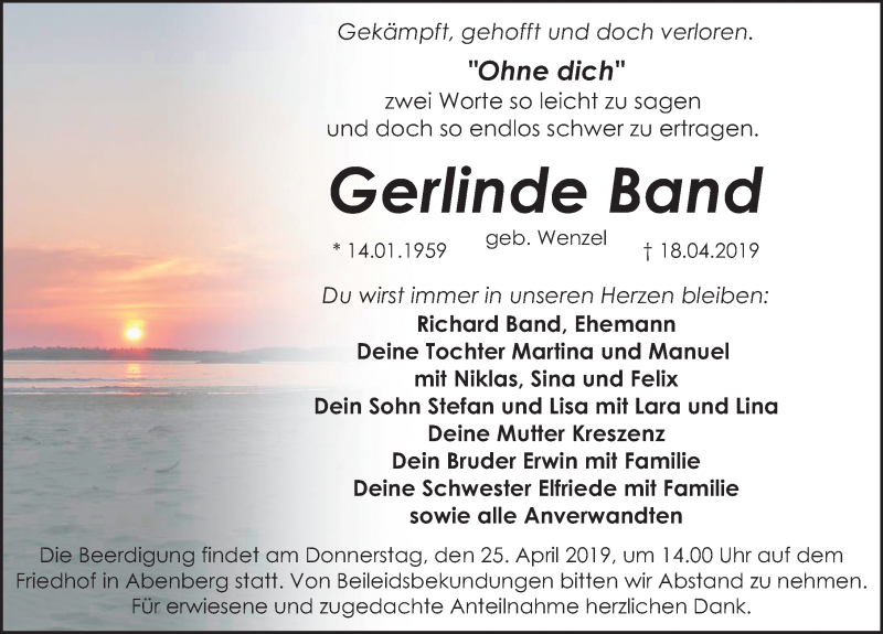  Traueranzeige für Gerlinde Band vom 23.04.2019 aus Roth-Hilpoltsteiner Volkszeitung Lokal