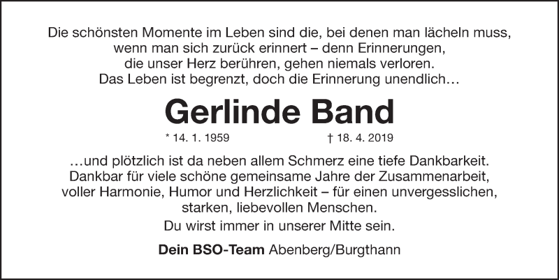  Traueranzeige für Gerlinde Band vom 27.04.2019 aus Schwabach