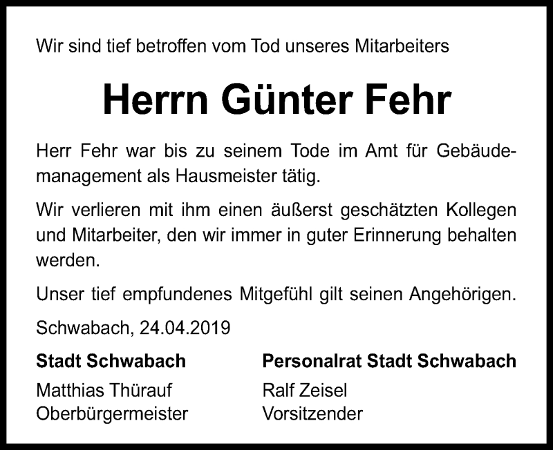 Traueranzeige für Günter Fehr vom 25.04.2019 aus Schwabach