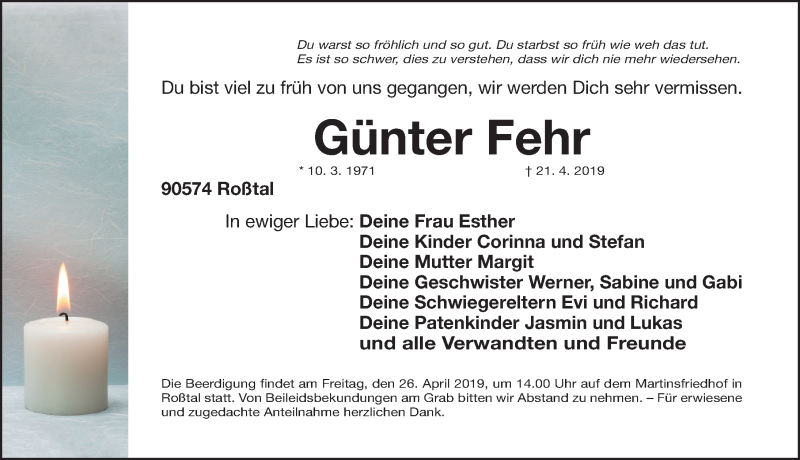  Traueranzeige für Günter Fehr vom 24.04.2019 aus Fürther Nachrichten Lokal