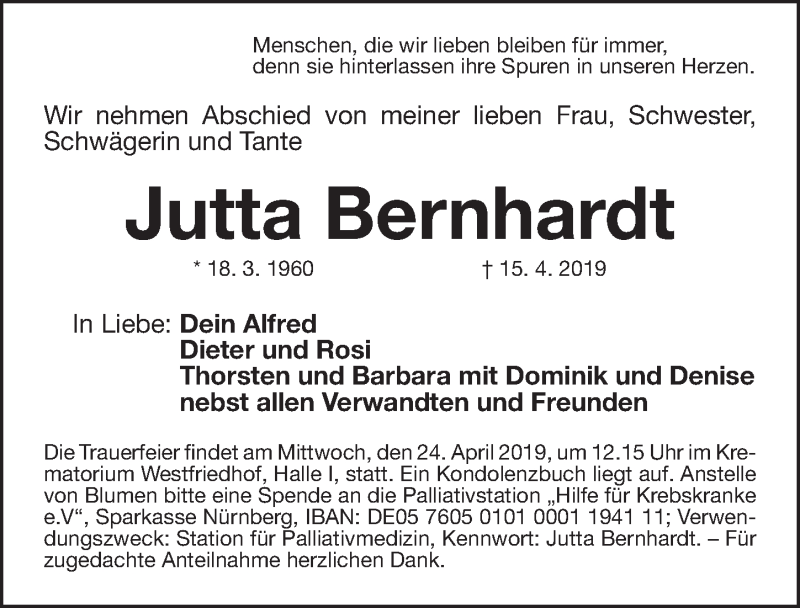  Traueranzeige für Jutta Bernhardt vom 20.04.2019 aus Gesamtausgabe Nürnberger Nachrichten/ Nürnberger Ztg.
