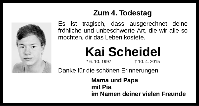  Traueranzeige für Kai Scheidel vom 10.04.2019 aus Gesamtausgabe Nürnberger Nachrichten/ Nürnberger Ztg.