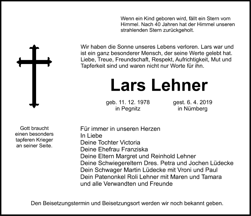 Traueranzeige für Lars Lehner vom 13.04.2019 aus Nordbayerische Nachrichten Pegnitz Lokal