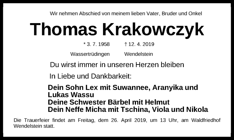  Traueranzeige für Thomas Krakowczyk vom 18.04.2019 aus Gesamtausgabe Nürnberger Nachrichten/ Nürnberger Ztg.