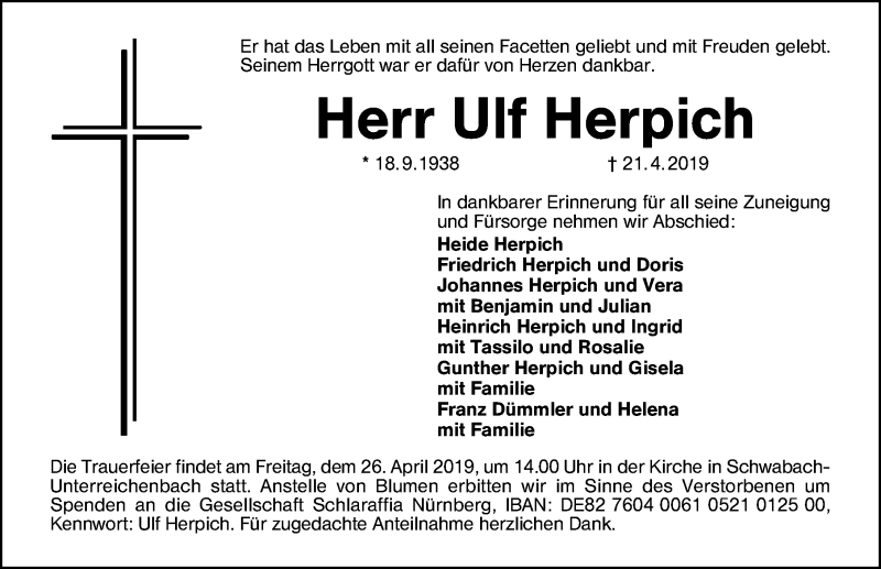  Traueranzeige für Ulf Herpich vom 24.04.2019 aus Schwabach