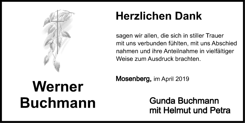  Traueranzeige für Werner Buchmann vom 27.04.2019 aus Nordbayerische Nachrichten Pegnitz Lokal