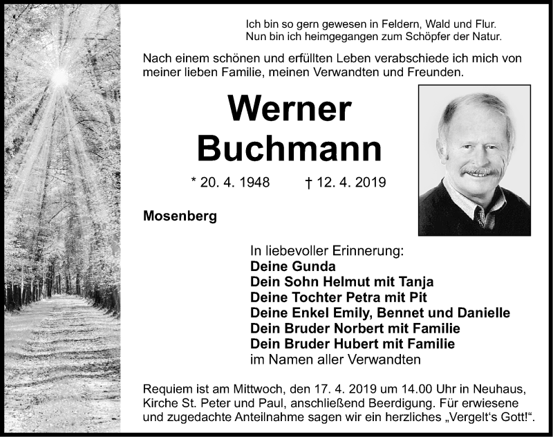  Traueranzeige für Werner Buchmann vom 15.04.2019 aus Nordbayerische Nachrichten Pegnitz Lokal