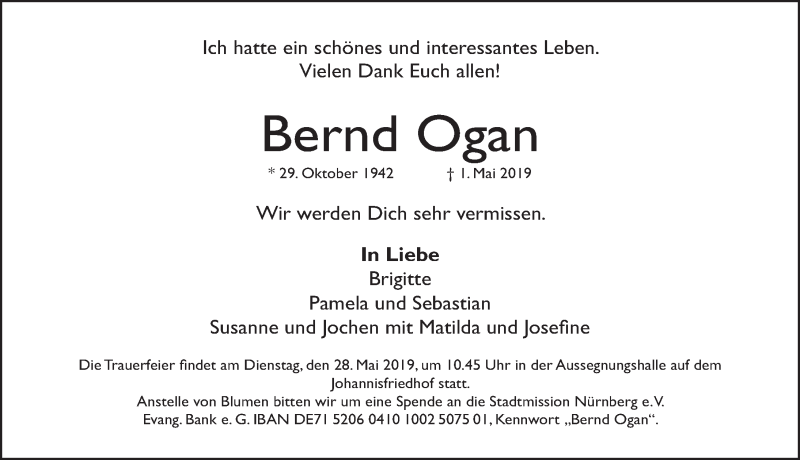  Traueranzeige für Bernd Ogan vom 11.05.2019 aus Gesamtausgabe Nürnberger Nachrichten/ Nürnberger Ztg.