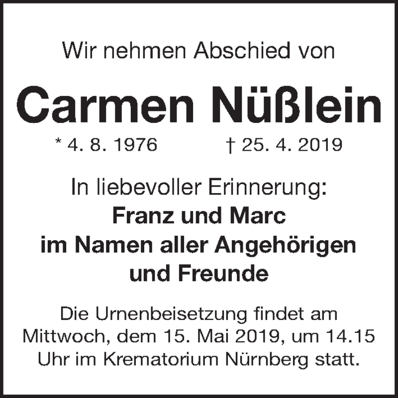  Traueranzeige für Carmen Nüßlein vom 11.05.2019 aus Gesamtausgabe Nürnberger Nachrichten/ Nürnberger Ztg.