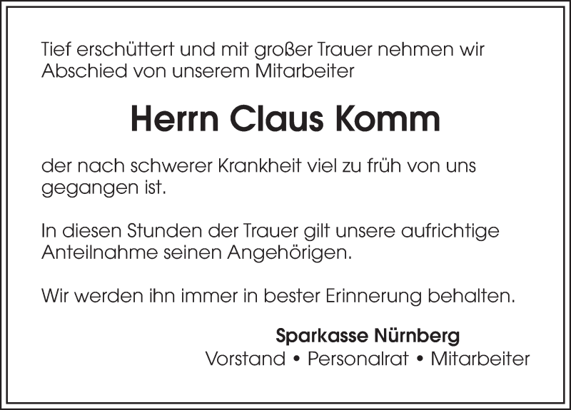  Traueranzeige für Claus Komm vom 23.05.2019 aus Gesamtausgabe Nürnberger Nachrichten/ Nürnberger Ztg.