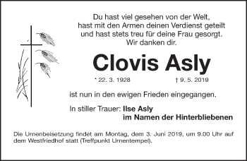 Traueranzeige von Clovis Asly von Gesamtausgabe Nürnberger Nachrichten/ Nürnberger Ztg.