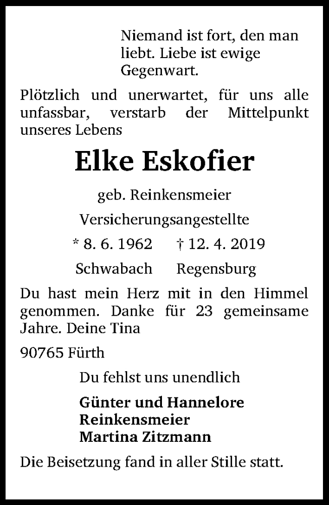  Traueranzeige für Elke Eskofier vom 14.05.2019 aus Gesamtausgabe Nürnberger Nachrichten/ Nürnberger Ztg./ Fürther Nachrichten