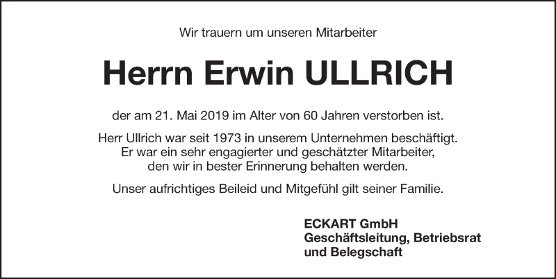 Traueranzeige für Erwin Ullrich vom 23.05.2019 aus Nordbayerische Nachrichten Pegnitz Lokal