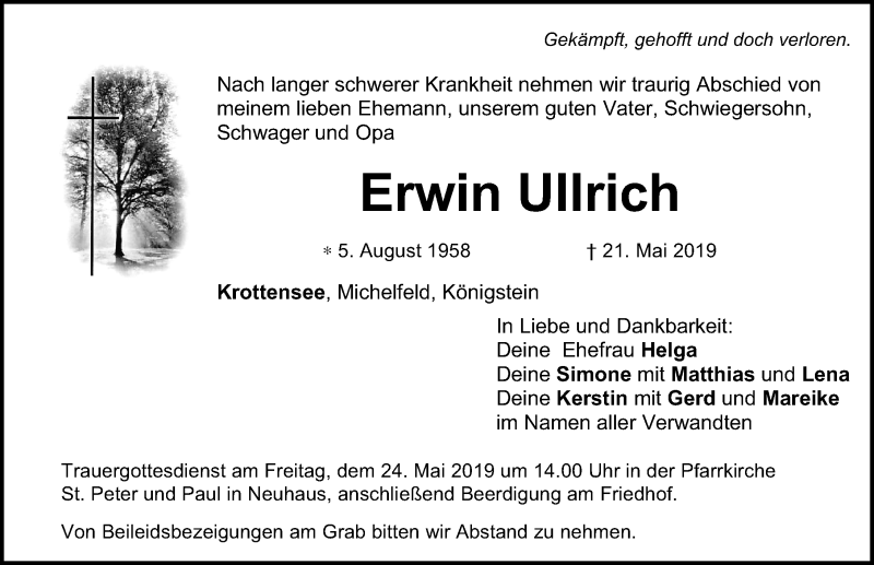  Traueranzeige für Erwin Ullrich vom 23.05.2019 aus Nordbayerische Nachrichten Pegnitz Lokal