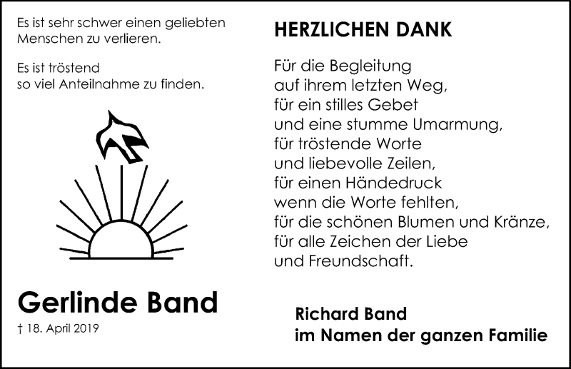  Traueranzeige für Gerlinde Band vom 04.05.2019 aus Schwabach