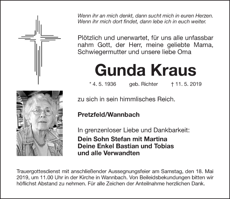 Traueranzeige für Gunda Kraus vom 17.05.2019 aus Nordbayerische Nachrichten Forchheim Lokal