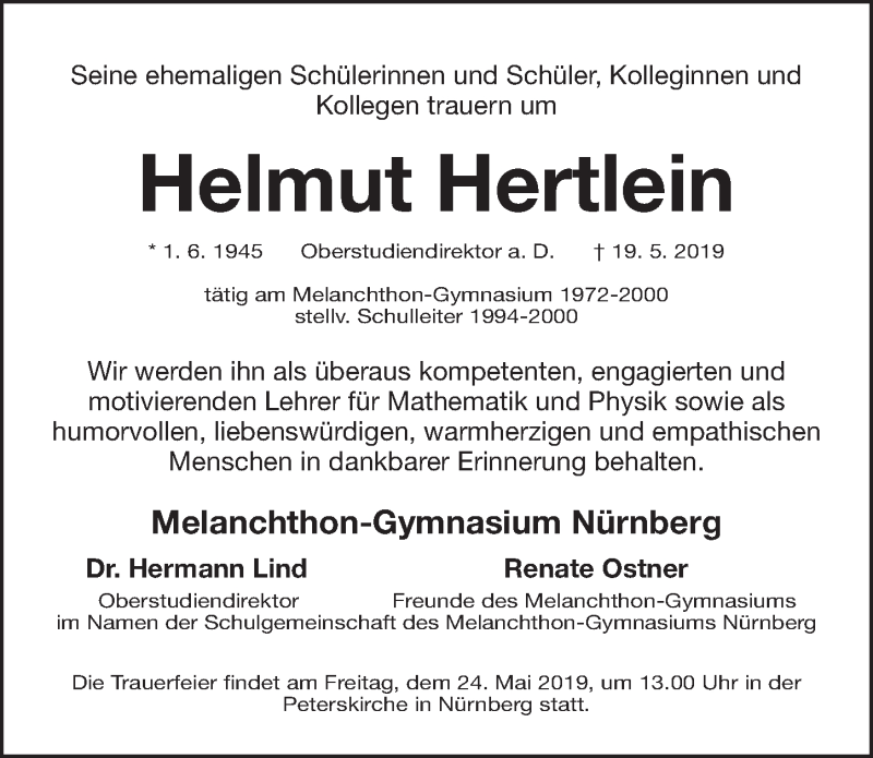  Traueranzeige für Helmut Hertlein vom 23.05.2019 aus Gesamtausgabe Nürnberger Nachrichten/ Nürnberger Ztg.