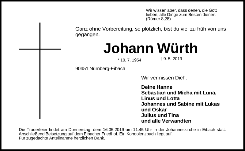  Traueranzeige für Johann Würth vom 14.05.2019 aus Gesamtausgabe Nürnberger Nachrichten/ Nürnberger Ztg.
