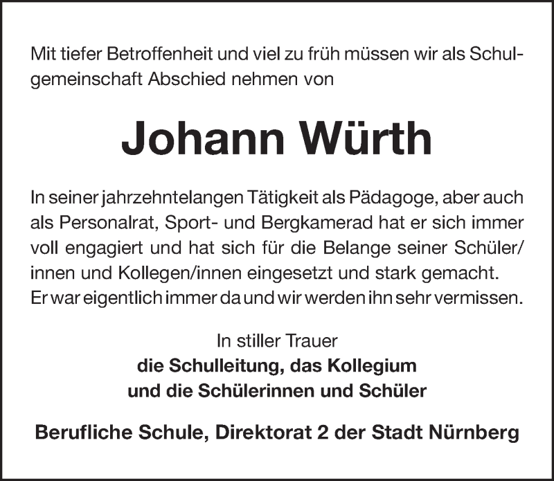  Traueranzeige für Johann Würth vom 14.05.2019 aus Gesamtausgabe Nürnberger Nachrichten/ Nürnberger Ztg.
