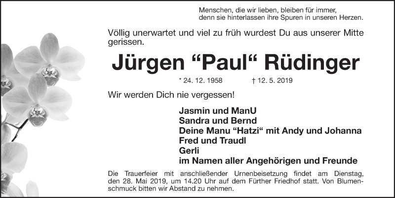  Traueranzeige für Jürgen Rüdinger vom 18.05.2019 aus Fürther Nachrichten Lokal