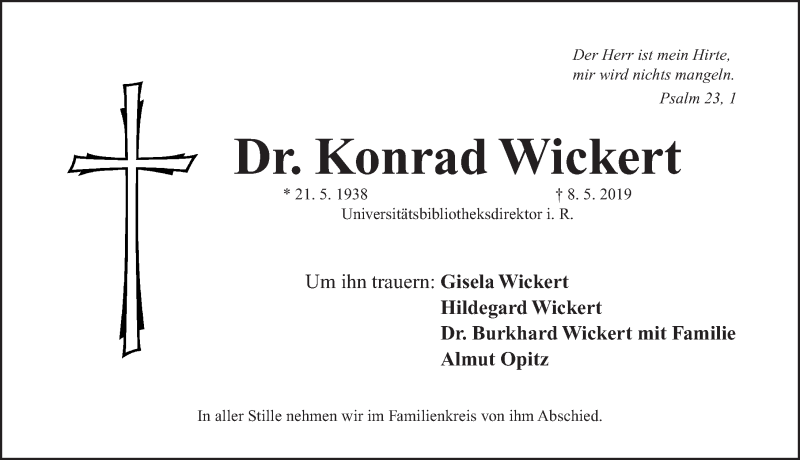  Traueranzeige für Konrad Wickert vom 11.05.2019 aus Erlanger Nachrichten Lokal