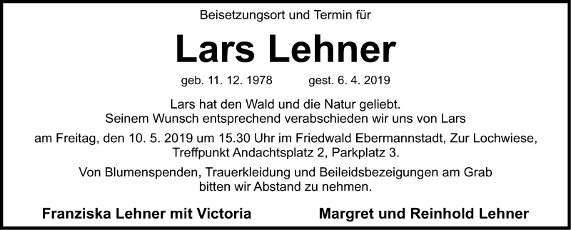  Traueranzeige für Lars Lehner vom 04.05.2019 aus Nordbayerische Nachrichten Pegnitz Lokal