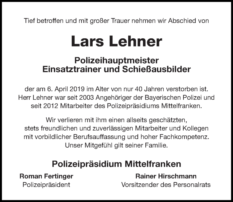  Traueranzeige für Lars Lehner vom 10.05.2019 aus Gesamtausgabe Nürnberger Nachrichten/ Nürnberger Ztg.