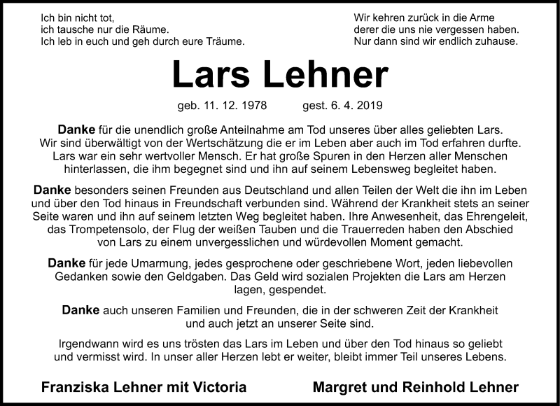 Traueranzeige für Lars Lehner vom 25.05.2019 aus Nordbayerische Nachrichten Pegnitz Lokal