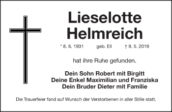 Traueranzeige von Lieselotte Helmreich von Gesamtausgabe Nürnberger Nachrichten/ Nürnberger Ztg.