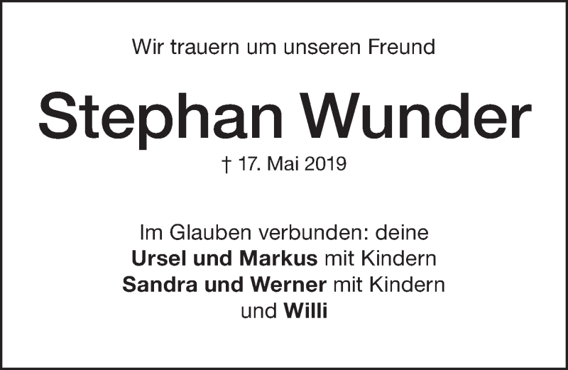 Traueranzeige für Stephan Wunder vom 21.05.2019 aus Altmühl-Bote Lokal