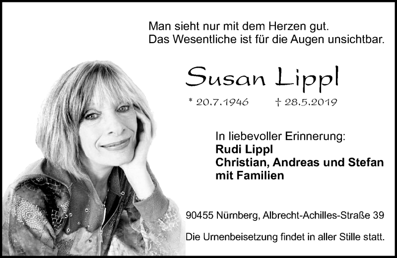  Traueranzeige für Susan Lippl vom 01.06.2019 aus Gesamtausgabe Nürnberger Nachrichten/ Nürnberger Ztg.