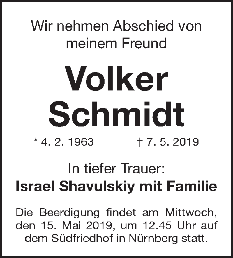  Traueranzeige für Volker Schmidt vom 11.05.2019 aus Gesamtausgabe Nürnberger Nachrichten/ Nürnberger Ztg.