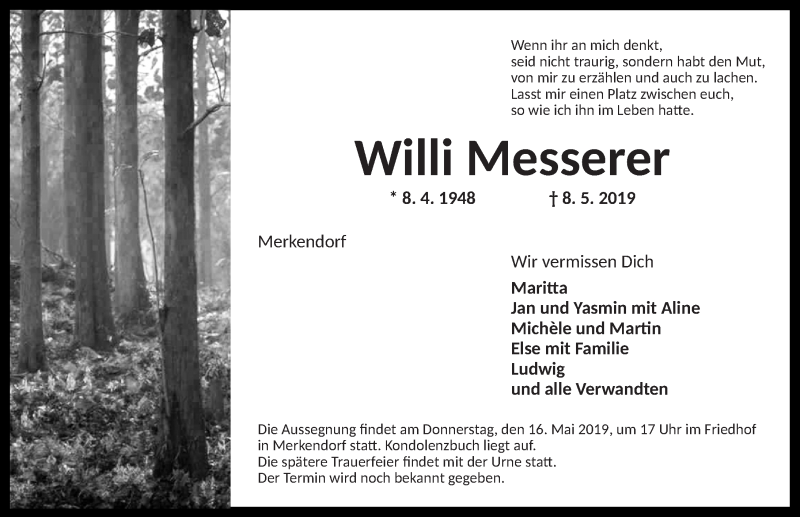 Traueranzeige für Willi Messerer vom 14.05.2019 aus Altmühl-Bote Lokal