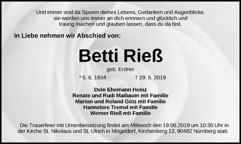  Traueranzeige für Betti Rieß vom 14.06.2019 aus Gesamtausgabe Nürnberger Nachrichten/ Nürnberger Ztg.
