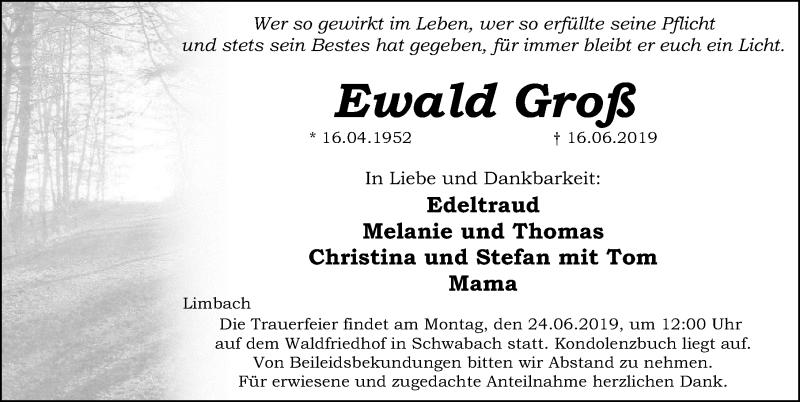  Traueranzeige für Ewald Groß vom 20.06.2019 aus Schwabach