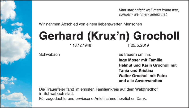  Traueranzeige für Gerhard  Grocholl vom 15.06.2019 aus Schwabach