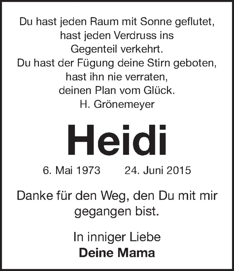  Traueranzeige für Heidi Rößler vom 24.06.2019 aus Gesamtausgabe Nürnberger Nachrichten/ Nürnberger Ztg.